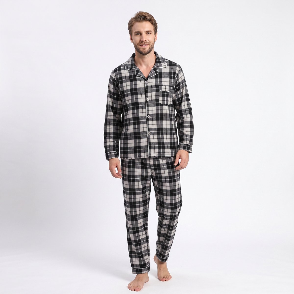 Heren Geruite Doorknoop Pyjama Lange Mouw Lange Broek - Grote Ruitjes - Katoen - Zwart - Maat XL - 2503-Black-XL