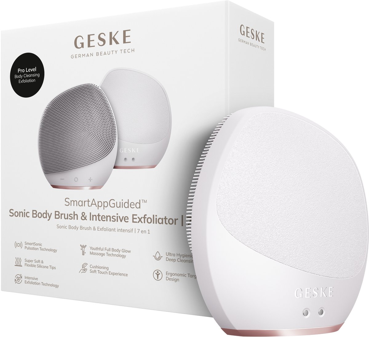 GESKE Sonic Body Brush & Intensive Exfoliator | 7 in 1 | Elektrische borstel voor het hele lichaam | Met SmartSonic-pulsaties | Diepe reiniging, exfoliatie en massage | Ruwe huidverwijderaar
