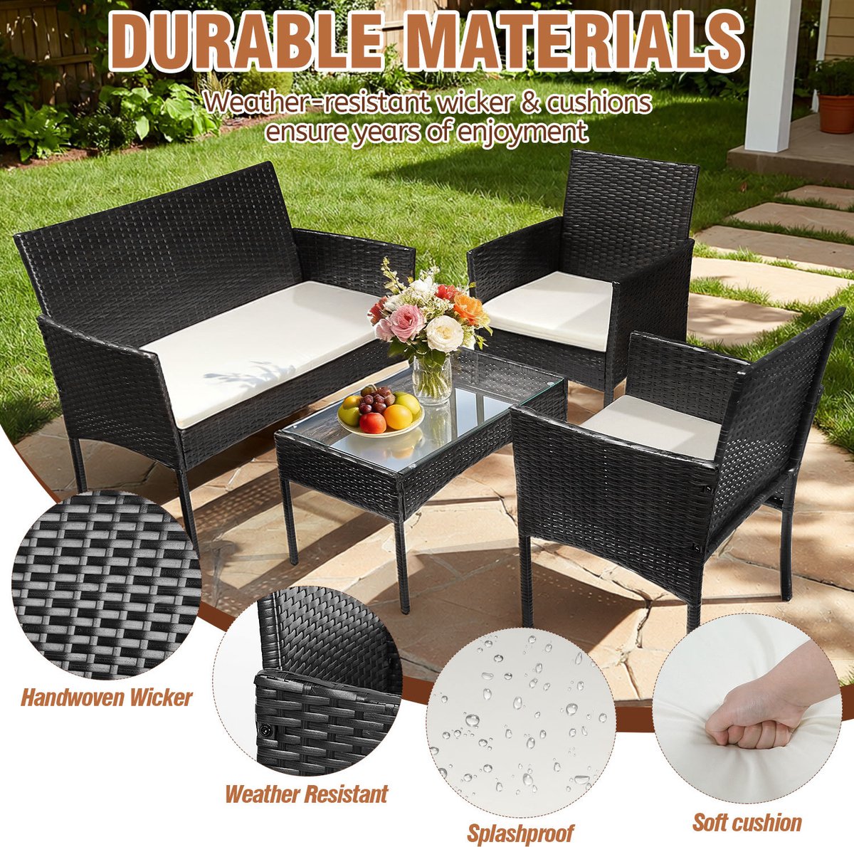 DRAKUS SP. Z O.O. Zitgroep Tuinset 4-delig van PE rotan met 2 fauteuils, 2-zitsbank en glazen tafel voor balkon en terras thumbnail 3