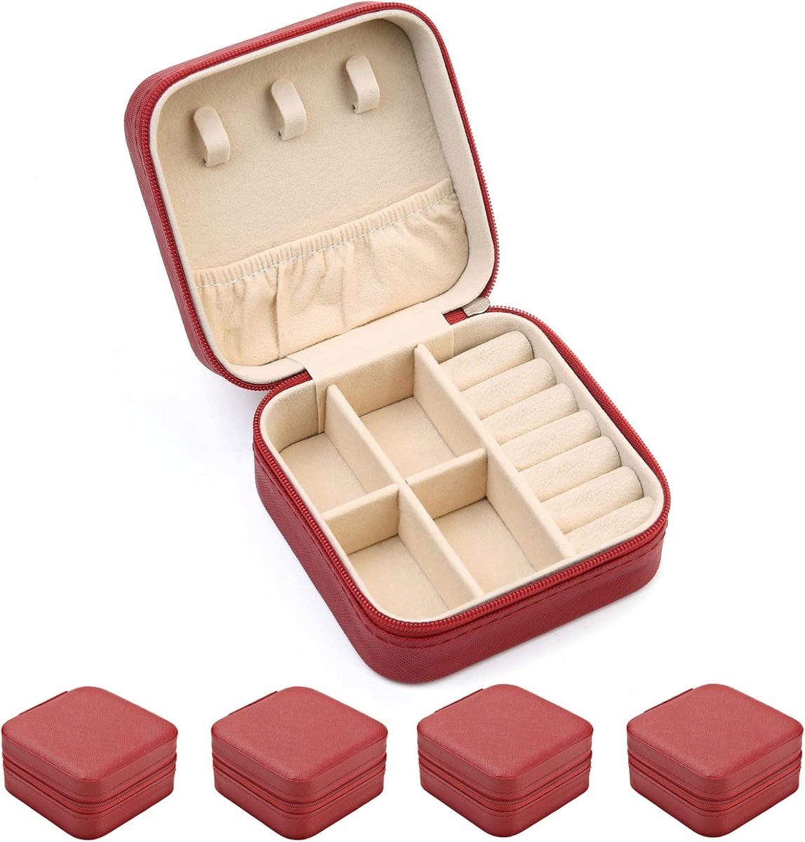 Sieradendoos Mini - Reis Etui - Sieraden Opbergen - Verplaatsbare Verdelers - 10x10x5 cm - Rood