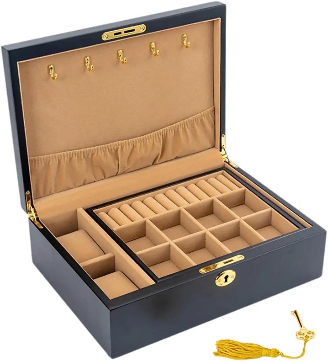 Sieraden opbergdoos - Juwelendoos met slot - Sieraden organiseren - Dubbellaags ontwerp - 28 x 20 x 9 cm - Houtkleur