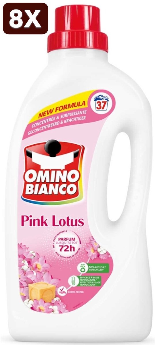 8 x Omino Bianco - Roze Lotus - Wasmiddel - Witte & Gekleurde Was - 37 Wasbeurten