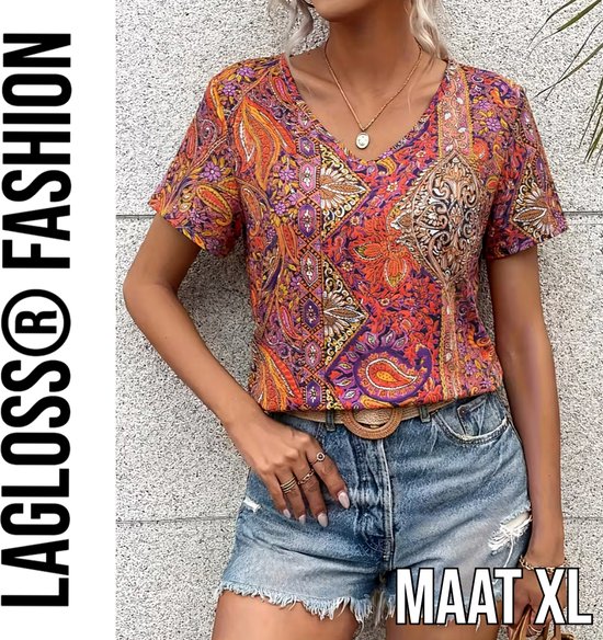 LaGloss® Paisley Dames Blouse Oranje Rood – V-Hals – Korte Mouw – Bohemian Zomertop – Maat XL