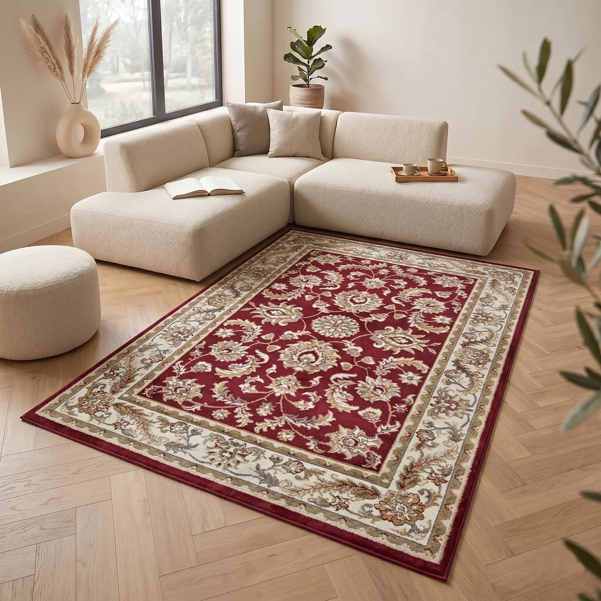 flycarpets Klassiek Rood / Creme Vloerkleed Reni - 160x235 cm - Oosters motief - Perzisch Tapijt Laagpolig - Woonkamer