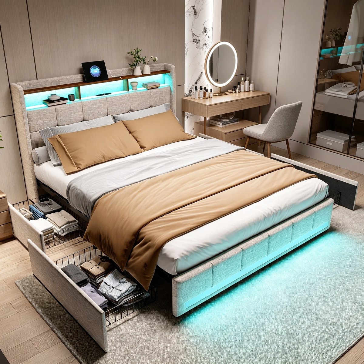 MEXUS Gestoffeerd bed 180x200 cm met LED en USB, tweepersoonsbed met opbergruimte en lattenbodem,4 laden,bedframe met rugleuning voor jongerenbed, zonder matras,linnen,beige
