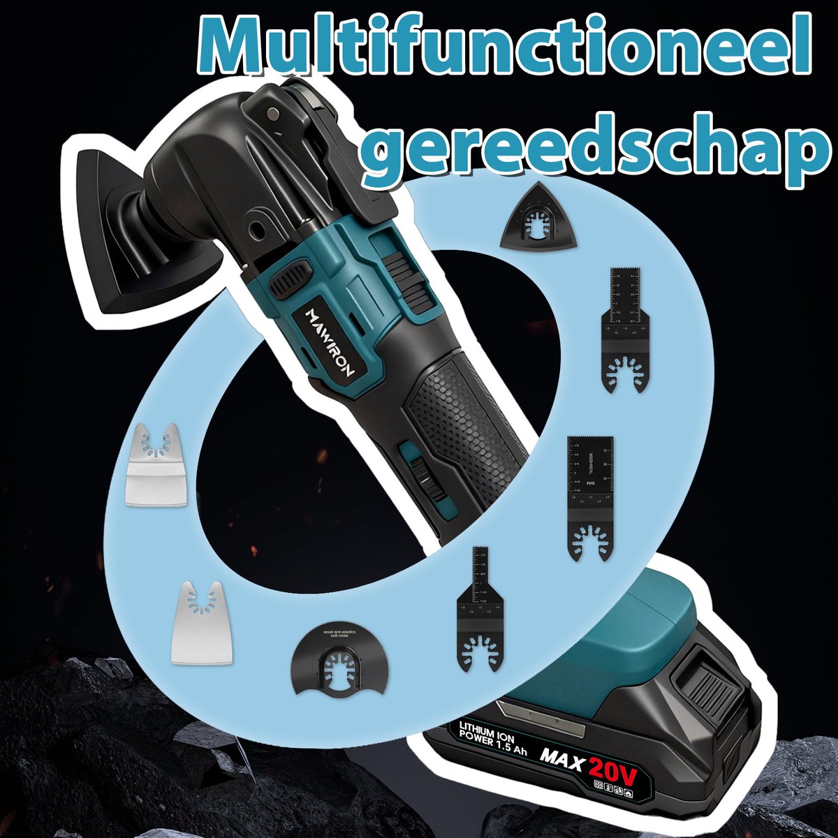 Borstelloze Oscillatie Multitool / Oscillerende Zaag / Schuurmachine – 20V 1.5Ah (2 accu's + lader) – Met 8 accessoires: zagen, schrapers, schuurvellen & schijven – Voor schuren, zagen, schrapen & snijden – Incl. opbergtas thumbnail 6
