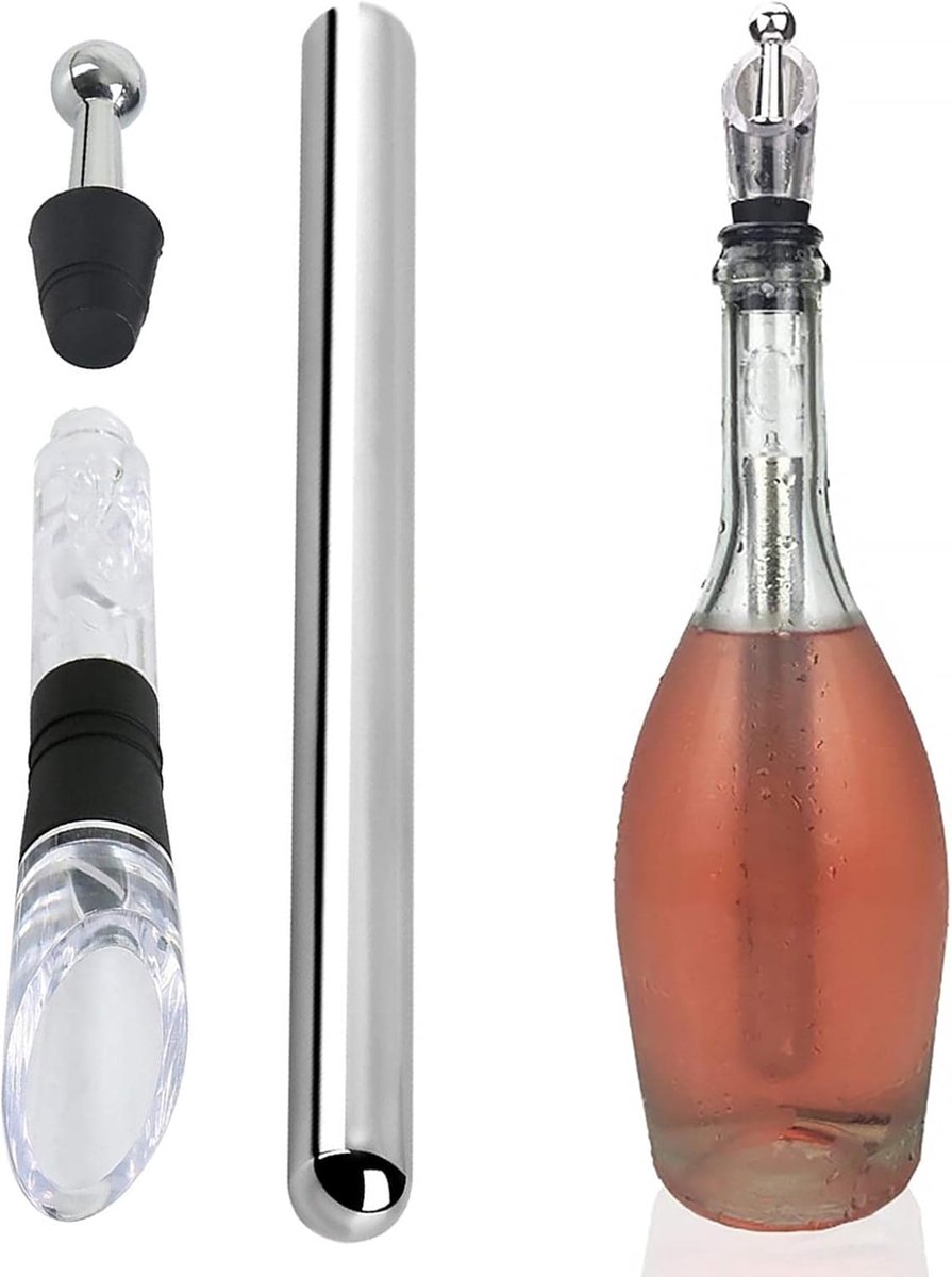 Wijnijsstaafjes - 1 stuk - Met stop - 3-in-1 functie - Flessenkoeler zonder ijs - 32 cm - Roestvrij staal - Geschikt voor wijn, champagne en mousserende wijn - Draagbaar ontwerp - Wijnkoeler voor thuis - Ook een ideaal wijncadeau - Zilver