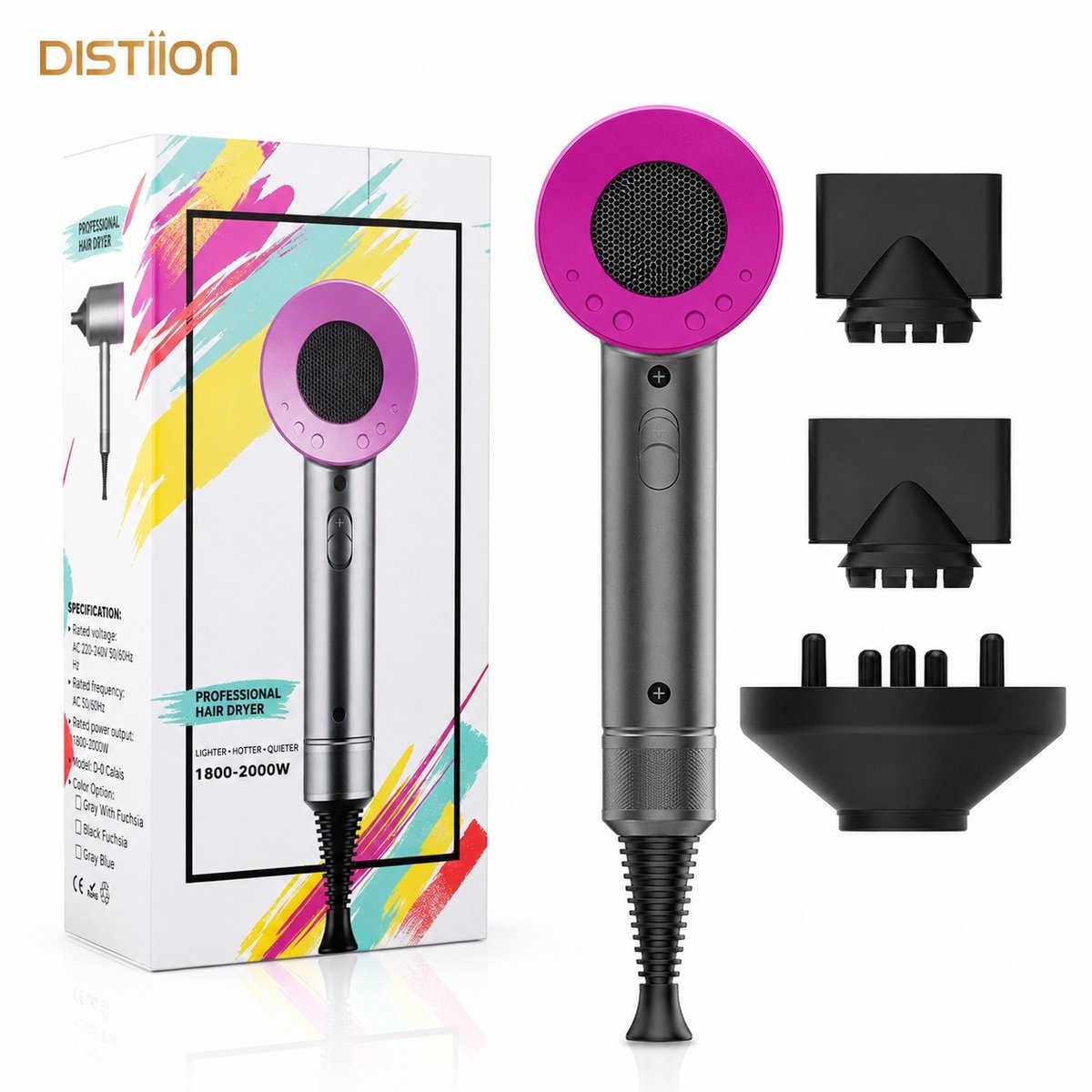 Distiion Föhn met Diffuser 2000W - Ionische Haardroger, Coolshot, 3 Warmtestanden, 3 Opzetstukken