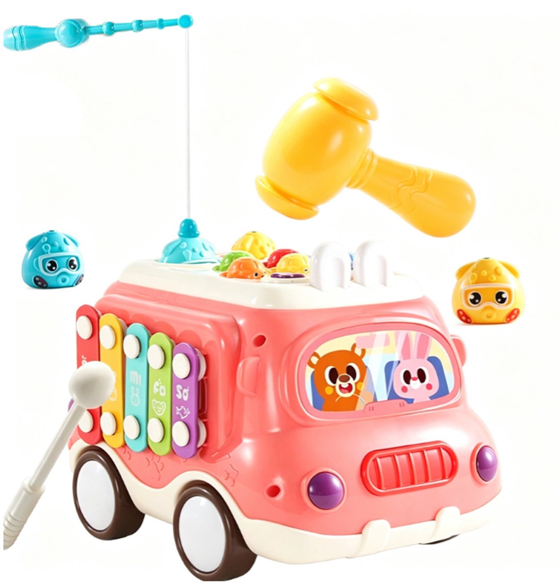 Babybus Montessori Muziekspeelgoed voor 1-3 jaar oud met geluidslichte xylofoon/hamer/vissersspel Windmolen Sensorisch leren, Multifunctionele Bus Auto Muziekinstrumenten Babyontwikkeling Educatief speelgoed