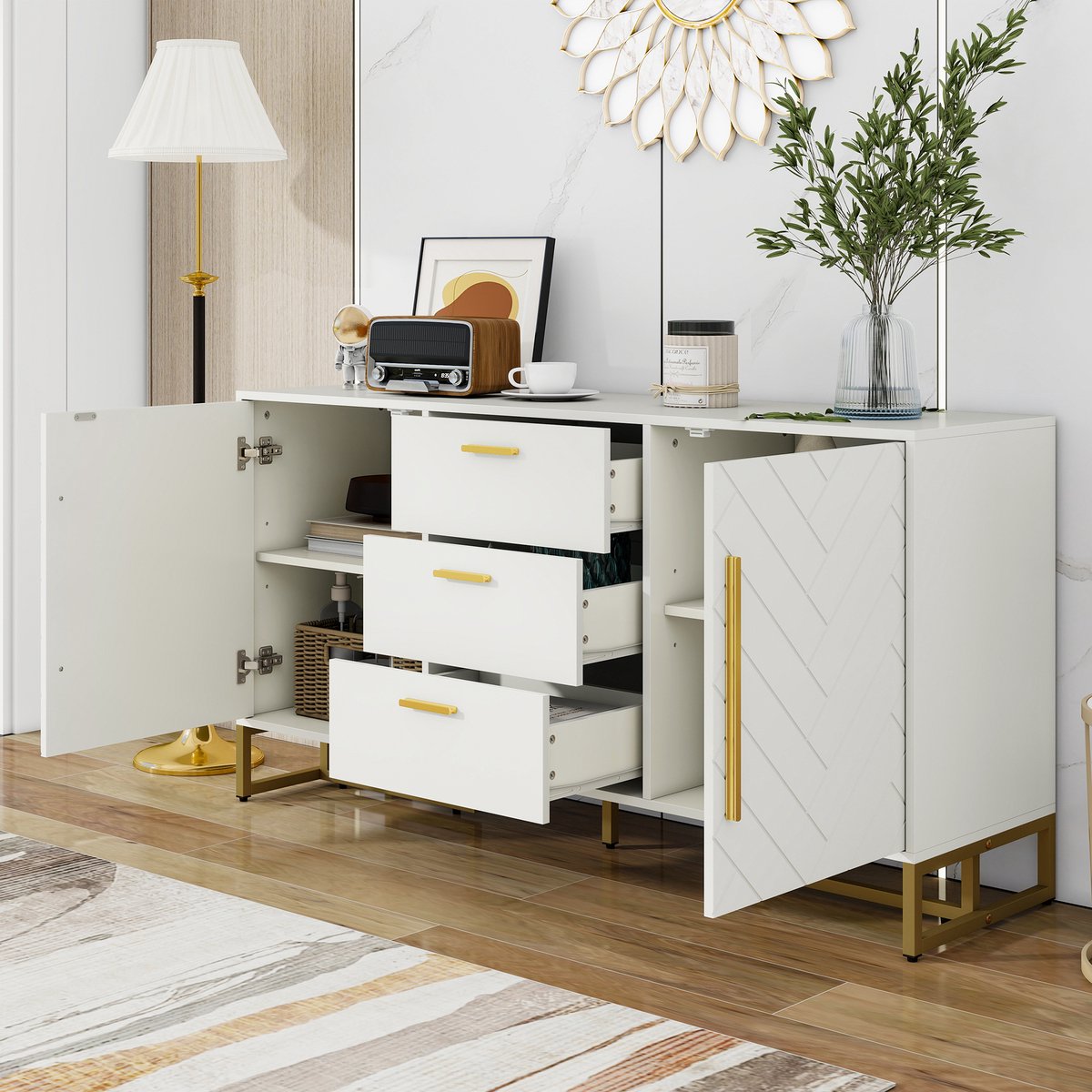 DESMIU Dressoir - Wit Elegant Visgraatmotief Met 2 Deuren En 3 Laden - Voor Eetkamer, Keuken En Woonkamer - MDF En Spaanplaat - Wit