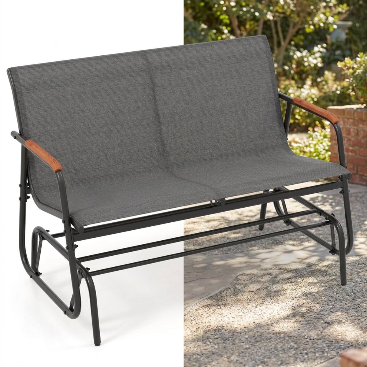 Tuinbank – Tuinbankjes weerbestendig - Tuinbanken - Loungebank - Balkon Set - Buitenbank - Zwart + Grijs - 2 personen - Staal