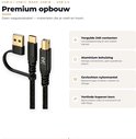 Premium opbouw: Zwarte kabel met gouden USB-A, USB-C en USB-B connectoren. Aluminium behuizing, gevlochten nylon mantel.