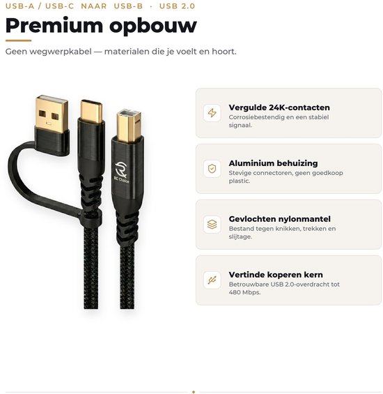 Premium opbouw: Zwarte kabel met gouden USB-A, USB-C en USB-B connectoren. Aluminium behuizing, gevlochten nylon mantel.
