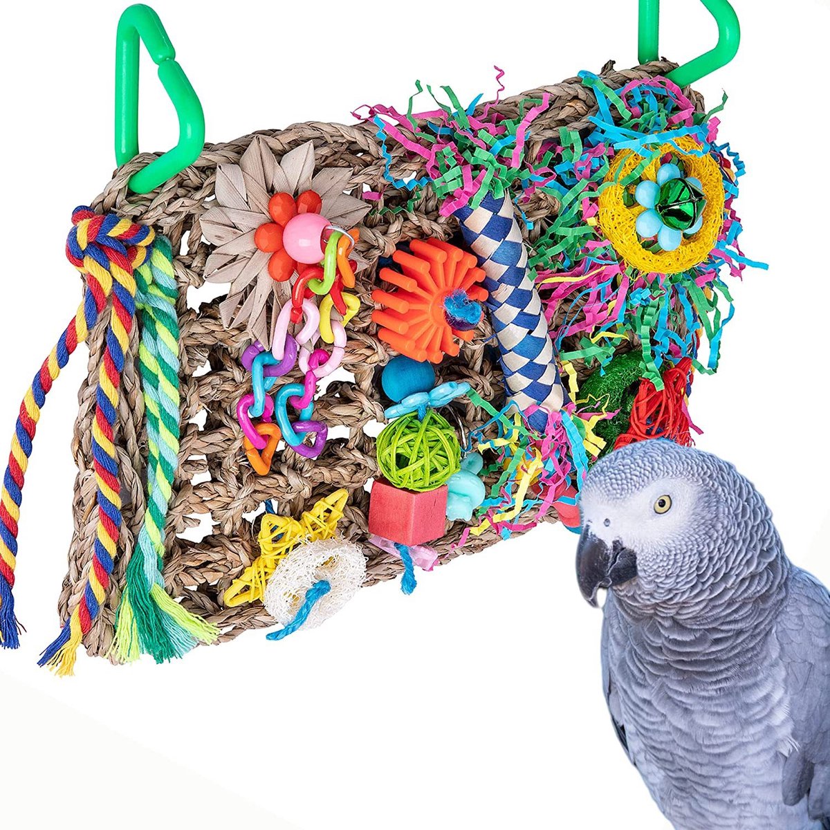 Vogelspeelgoed Vogelspeur Speelgoed voor Kanaries, Nijlkanaries, Conures, Gesprekspapegaaien Vogelspeur Scherf Zeegras Muur met Diverse Speelgoed voor Vogels, 21x30x4cm