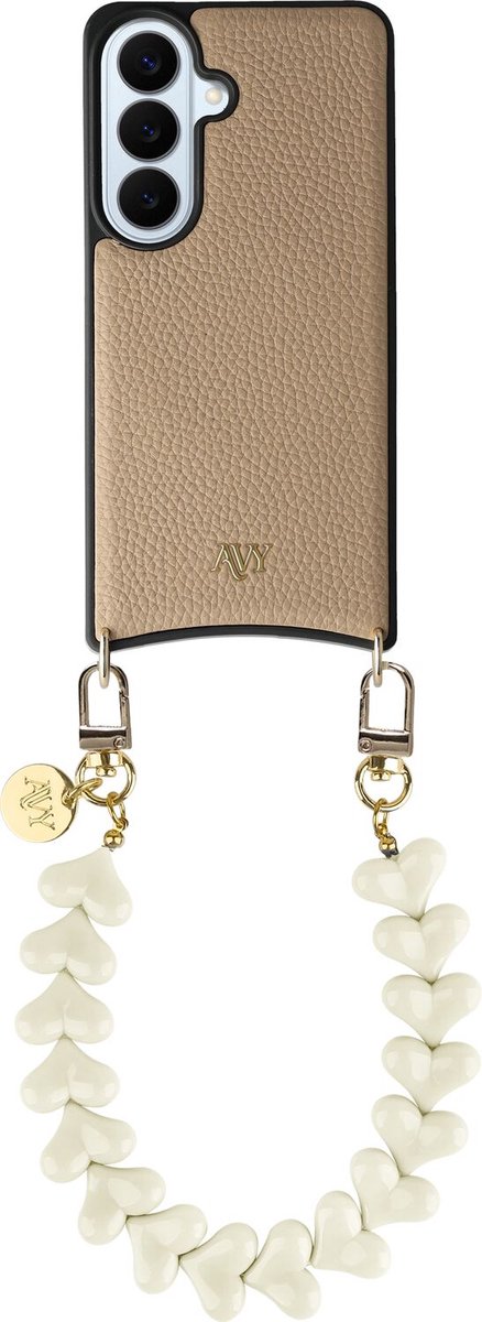 AVY Leren Hoesje Geschikt voor Samsung Galaxy S26 | Compatibel met MagSafe | Leather Case met Telefoonkoord | Polsband | Beige | Cupid Beige