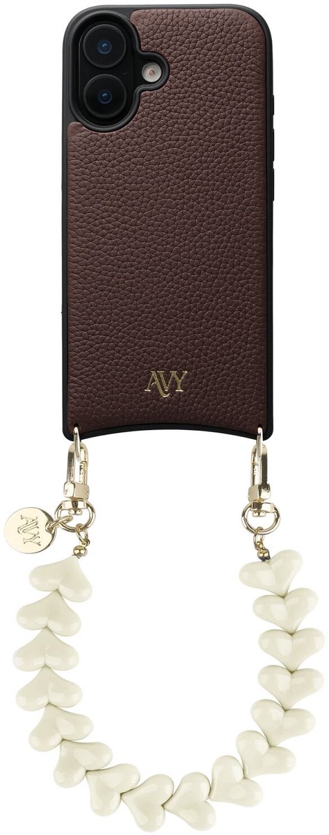 AVY Leren Hoesje geschikt voor Apple iPhone 17 | Compatibel met MagSafe | Leather Back Cover met Telefoonkoord 30CM | Polsband | Bruin | Cupid Beige