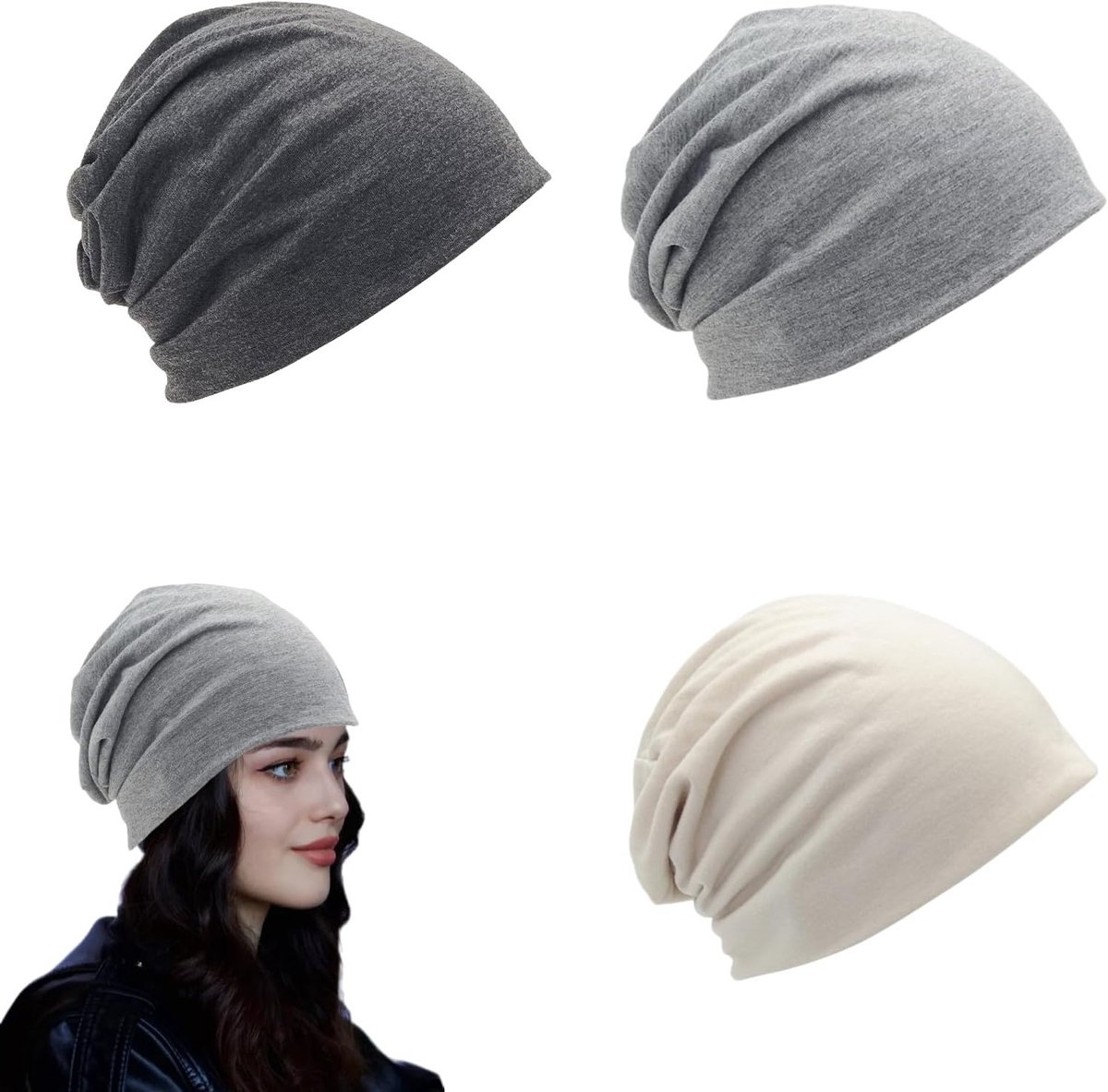 Unisex Beanie Set voor Dames en Heren - Zachte Slouchy Mutsen - Ademend en Rekbaar - Donkergrijs, Lichtgrijs en Beige - Casual Mode Accessoire voor Koude Dagen