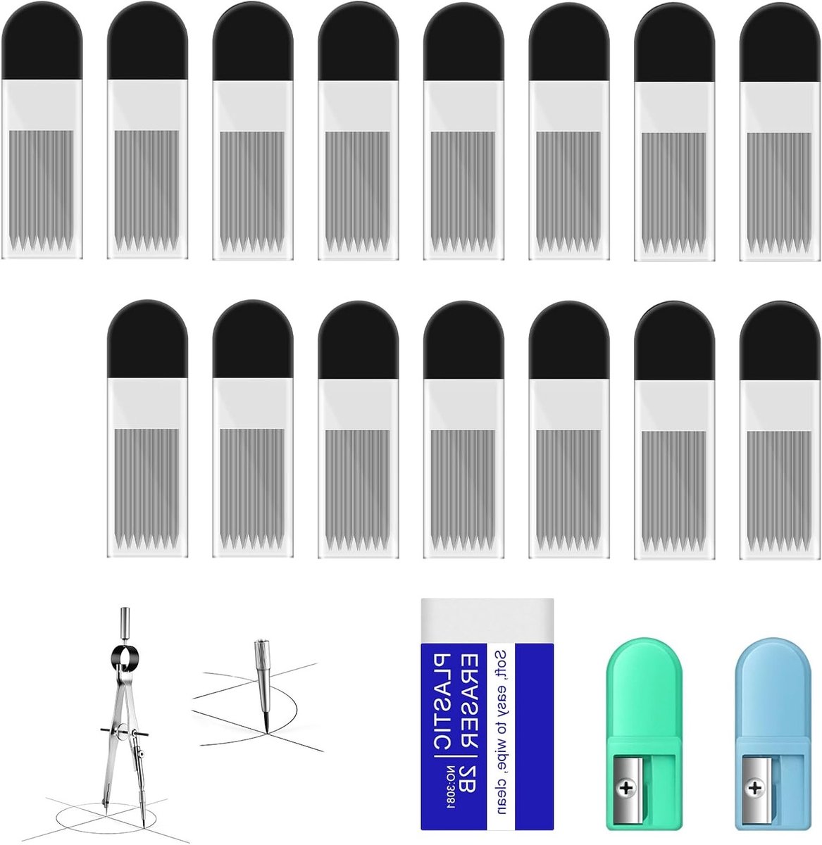 150 Stuks 2mm Passer Mine Refills met Gum en Slijper, Compas Vulmiddelen voor Wiskunde en Houtbewerking, Teken- en Schrijfaccessoires