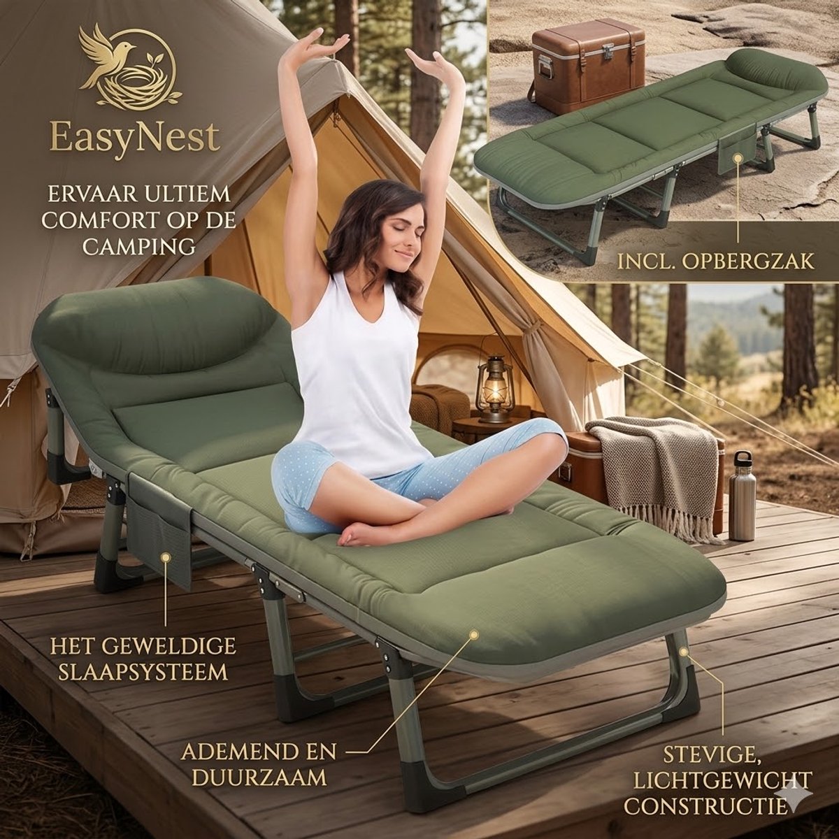 Campingbed voor Volwassenen 190 cm – Opvouwbaar Veldbed met 6 Verstelbare Rugstanden – Extra Stevig Reisbed tot 408 kg