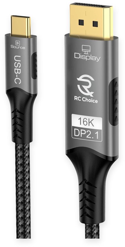 Zwarte USB-C naar DisplayPort kabel met grijze connectoren en "16K DP2.1" opdruk.