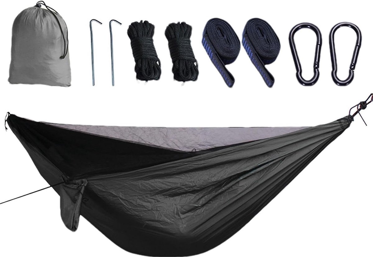 Kampeerhangmat met vliegnet - Hangmat met muskietennet - Buiten ontspannen - Ademend gaas en duurzaam - 270x140 cm - Zwart