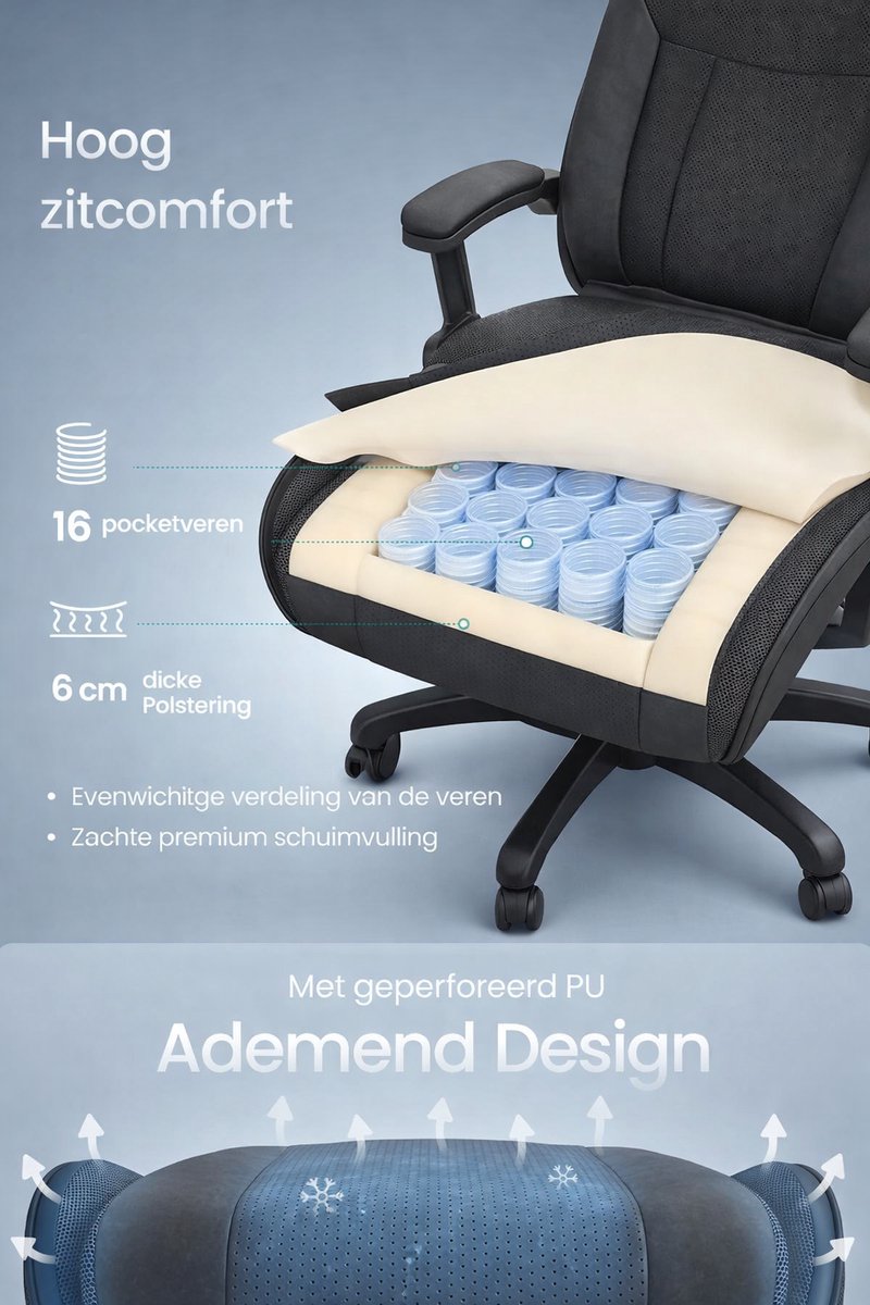 Conway Living® | Bureaustoel Ergonomisch met Verstelbare | Gaming Stoel | Rugleuning 90–135° | Kunstleer | Hoofd- & Lendekussen | Uitschuifbare Voetensteun | Ademend PU | Zwart – foto 6