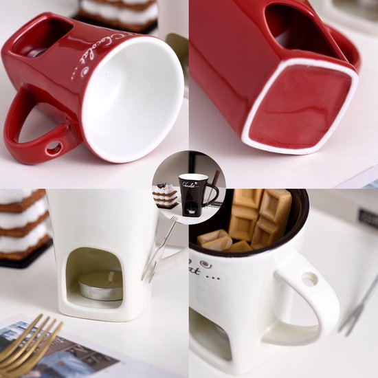 Collage van rode en witte chocolade fondue mokken, met 'Chocolat...' tekst. Close-ups van de mok, de bodem en de binnenkant.