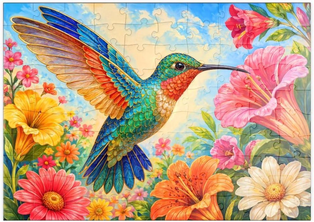 Legpuzzel Kolibrie - Bloementuin Puzzel - Ontspanning en Vaardigheden - Premium Karton Kwaliteit - 100 Stukjes - Multicolor