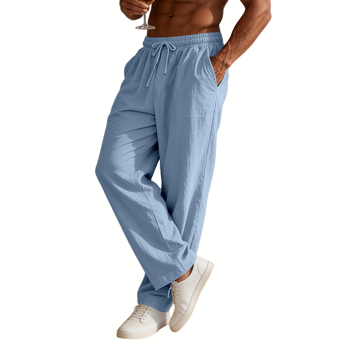 Currero Linnen Broek Heren Zomerbroek Volwassenen Lange Broek Pantalon Strandbroek Zomer Ibiza Stijl Lichtcyaan