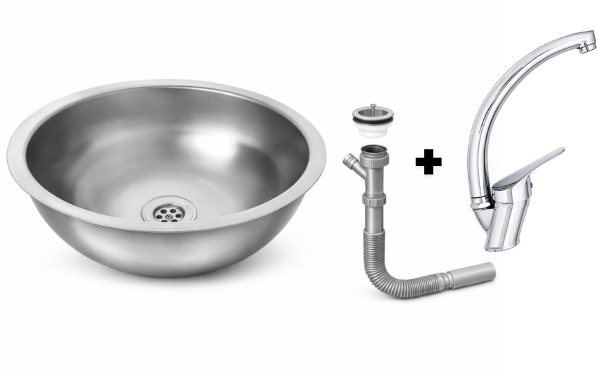 Ronde Spoelbak 34cm RVS + Keukenkraan Chroom + Sifon Set – Inbouw Wasbak voor Keuken, Caravan & Camper – Alles Inclusief