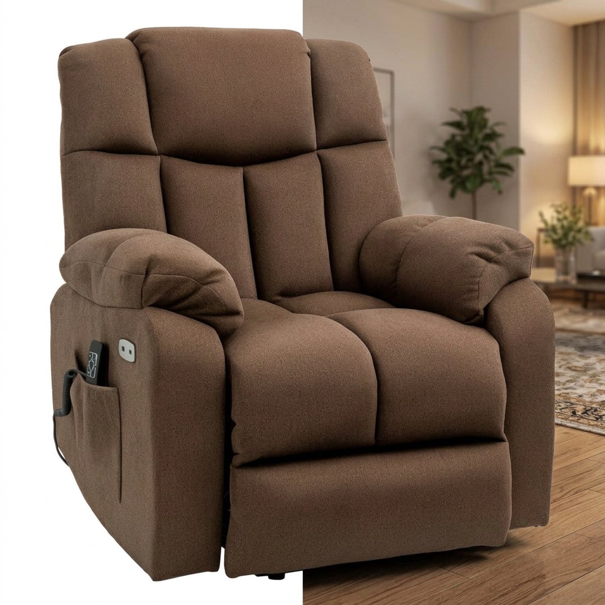 GranMaison Sta op stoel elektrisch - Relaxfauteuil - Zetel - Stof - 1 persoons - Met armleuning - Zeer comfortabel - Elektrisch - Bruin