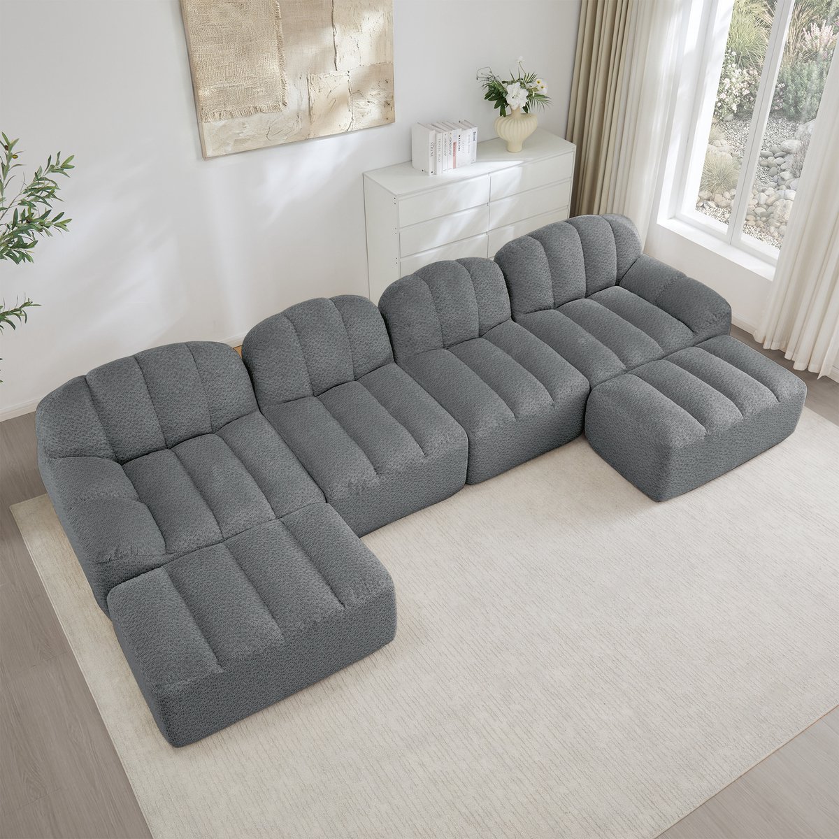 DESMIU U-Bank 366 x 165 x 79 cm - Modulair 4-Zits Met 2 Hockers En Diepe Zitting - Voor Woonkamer En Appartement - Fleece Stof Grijs
