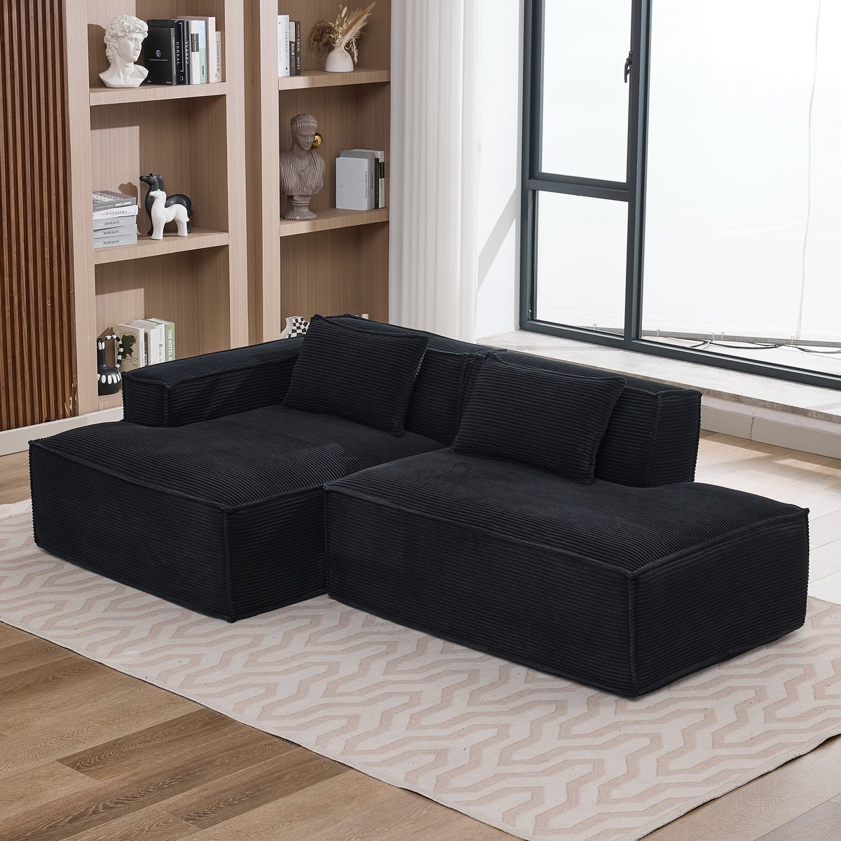 DESMIU Hoekbank 235 Cm - Compacte 2-Zits Met Loungegedeelte En 2 Kussens - Voor Woonkamer Appartement En Kantoor - Polyester Zwart