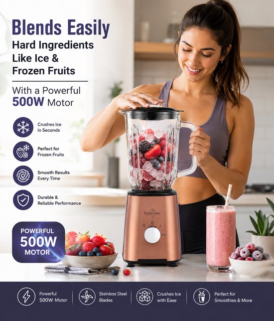 Swiss Haus® BL2115 Blender - 500W Smoothie Maker - 1.5L Glazen Kan & Grinder - RVS Messen - 2 Snelheden + Pulse - Vaatwasbestendig - Veiligheidsmicro-schakelaar - Koper van Swiss Haus — afbeelding 2