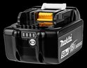 Zwarte Makita 18V Lithium-Ion accu, 5.0Ah, met 4 LED-indicatoren en gele connector.
