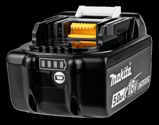 Zwarte Makita 18V Lithium-Ion accu, 5.0Ah, met 4 LED-indicatoren en gele connector.