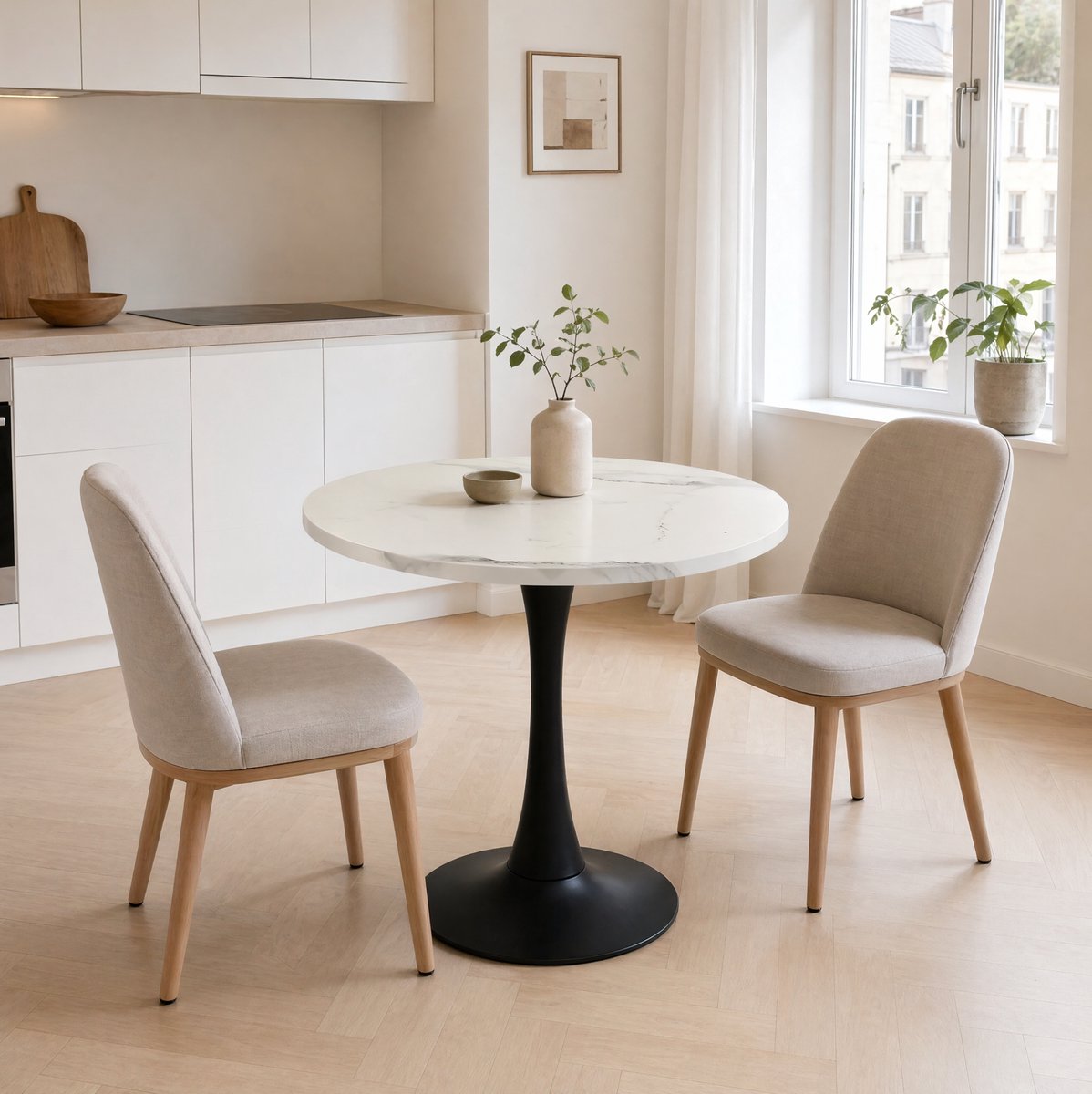 FloraGrace Ronde Eettafel - Compact Voor 2 Tot 4 Personen - Keuken En Werkkamer - MDF En Metaal - 80 Cm - Wit Zwart Grijs Houteffect