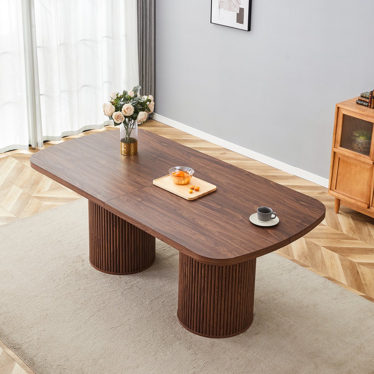 FloraGrace Eettafel - Ovale Tafel Met Geribbelde Zuilvoet - Voor Eetkamer En Keuken - MDF