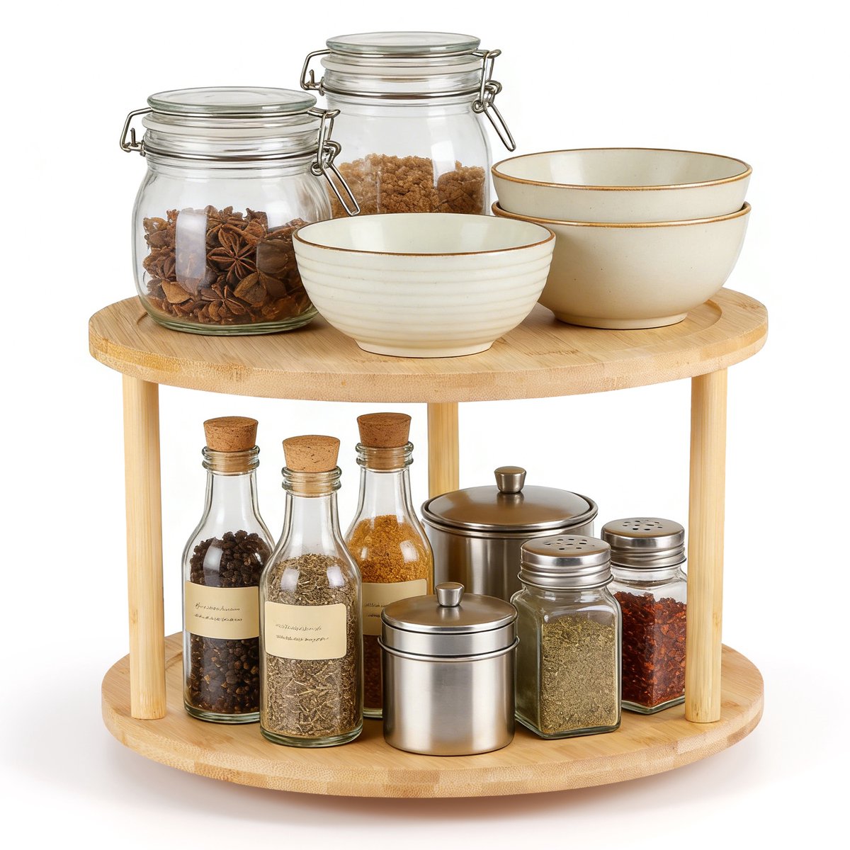 Lemlit Draaibaar Kruidenrek 2 Laags - Ronde Keuken Organizer 29,5 x 19 cm - Opbergrek voor Kruidenpotjes Kast Voorraadkast en Aanrecht - Naturel