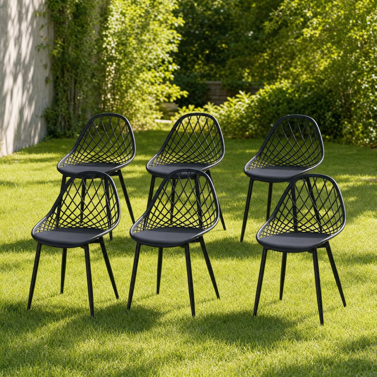 EGGREE Tuinstoelen Set van 6 - Opengewerkt Patroon PP-Metaal - Tuin - Terras - Balkon - Compact - Eetkamer - Zwart