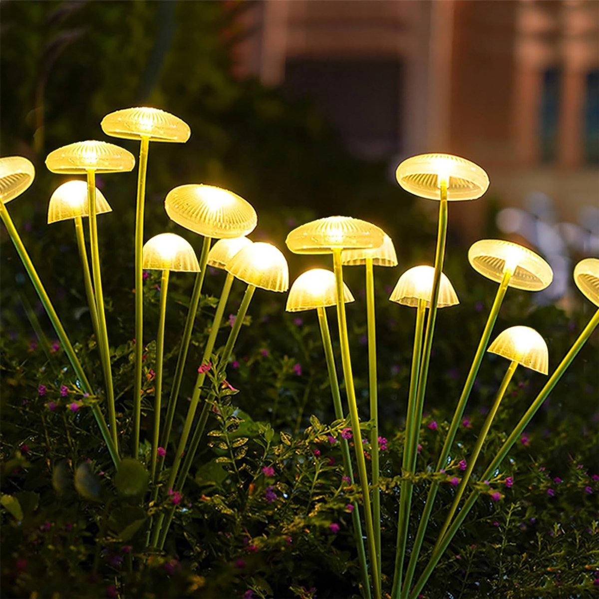 OUYLAF tuinverlichting op zonneenergie - paddenstoel lamp - 2 stuks - Buitenverlichting - buitenverlichting zonne energie - met 16 LED's - lichtslinger buiten - warm wit - voor buiten, terras, struikwerk