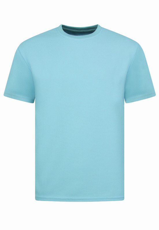 Turquoise T-shirt met wafelpatroon en korte mouwen.