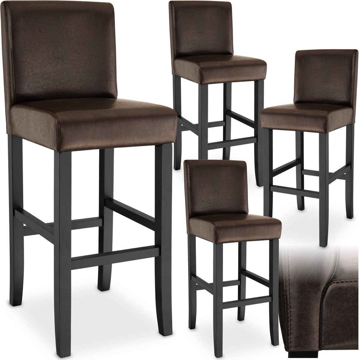 tectake® Set van 4 Barkrukken met Rugleuning - Gestoffeerde Barkruk - Zithoogte 76 cm - Stoelpoten van Massief Hout - Barstoel met Voetsteun - Kruk met Kunstleren Bekleding - Ergonomische Vorm - Barstoelen voor Keuken & Bar - Eetkamerstoelen - Bruin