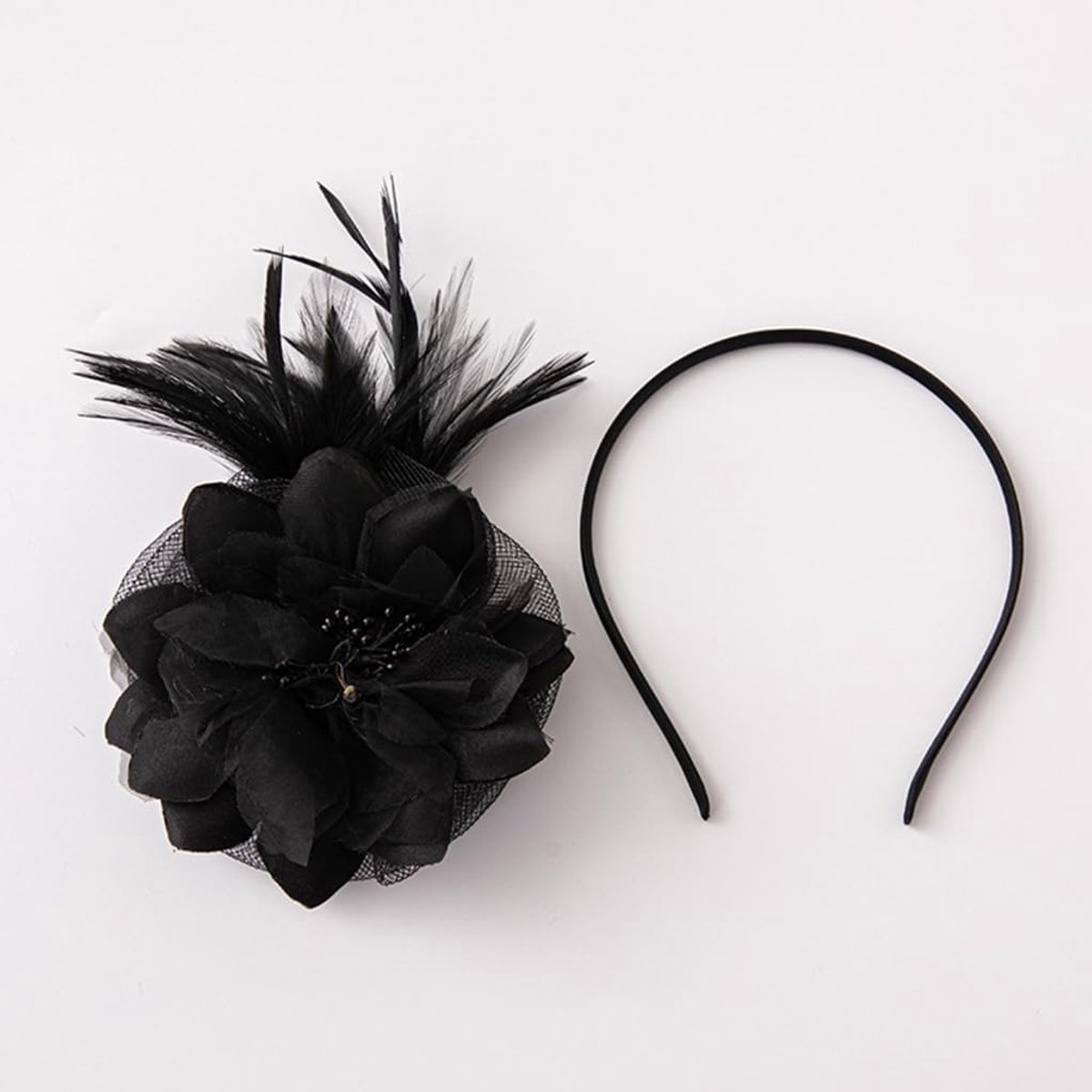 Fascinator Hoed - Cocktail Hoedje Pillbox - Feestelijke Gelegenheden - Bloemvorm Decoratie Mesh - 56-58 cm - Zwart