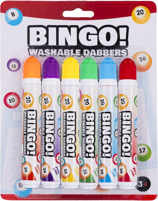 Verpakking met 6 BINGO! Washable Dabbers in oranje, paars, geel, groen, blauw en rood. De verpakking bevat bingonummers.