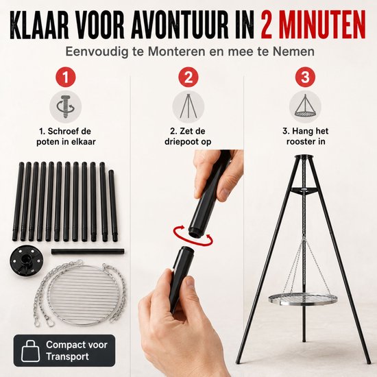 HEAT Outdoor Living Driepoot met Grillrooster (172 cm) - Zwart Staal Stativ - Driepoot Barbecues - Grillrooster 65 cm van Merkloos — afbeelding 2