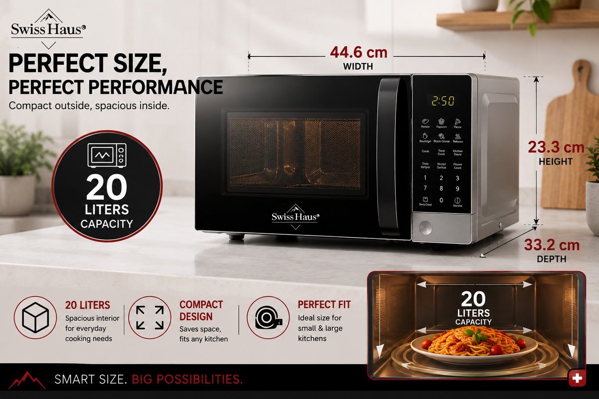 Swiss Haus® MW22 Combi Magnetron Vrijstaand – 20L Digitale Microgolfoven – 700W Microwave & 900W Grill – 11 Verwarmingsstanden – Zwart/Zilver thumbnail 4