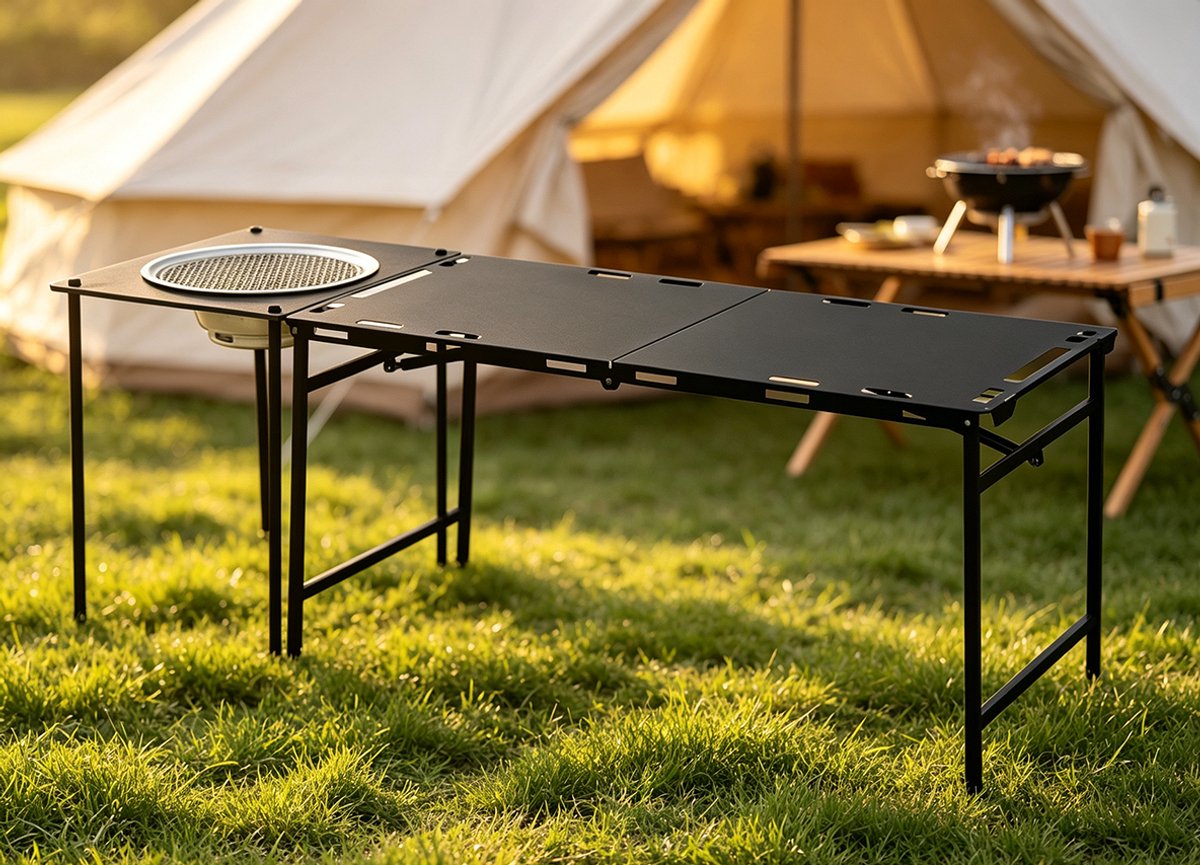 Opklapbare barbecuetafel met grill Compacte campingtafel 143x48x50 cm lichtgewicht metaal geen montage nodig met handvat ideaal voor kamperen picknicks en tuinieren Zwart