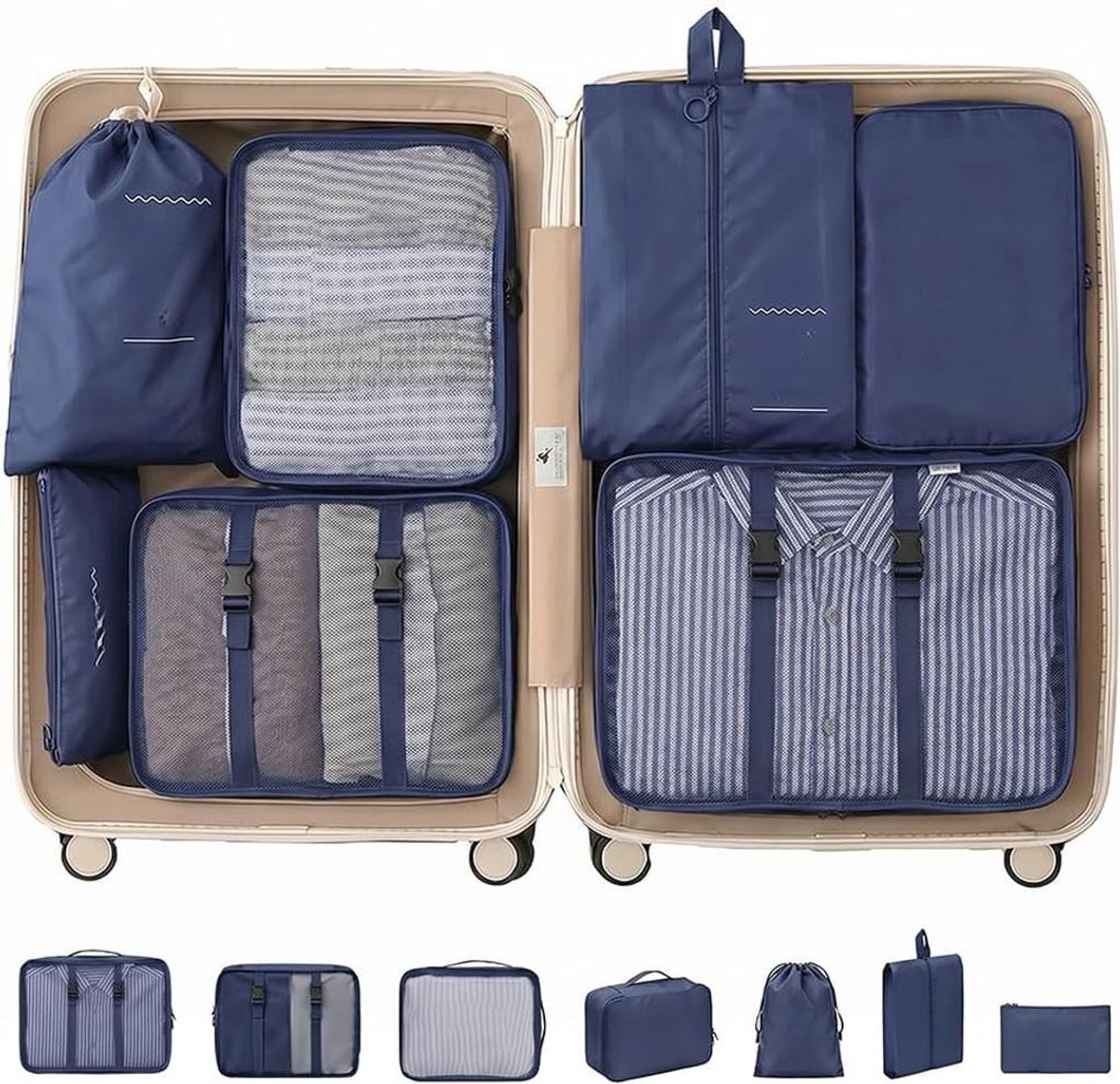 KZQ 7-delige organizerset - Reisorganizer met aparte vakken voor kleding en schoenen - Waterdicht, ademend en lichtgewicht - Ideaal voor reizen, kamperen en weekendjes weg - Marineblauw