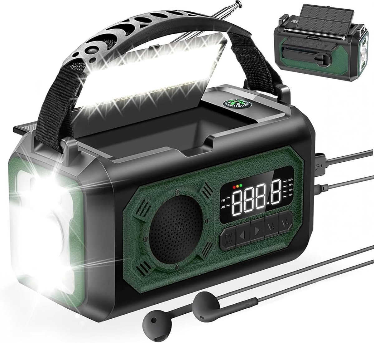 SnelShoppen - 12000mAh Noodradio met 2 Zonnepanelen, AM/FM Zonne- en Crankradio voor Noodgevallen, Zaklamp, Leeslamp, SOS, Kompas voor Noodweer en Kam